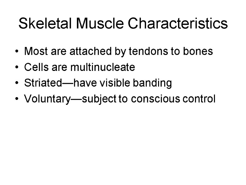 Skeletal Muscle Characteristics Most are attached by tendons to bones Cells are multinucleate Striated—have